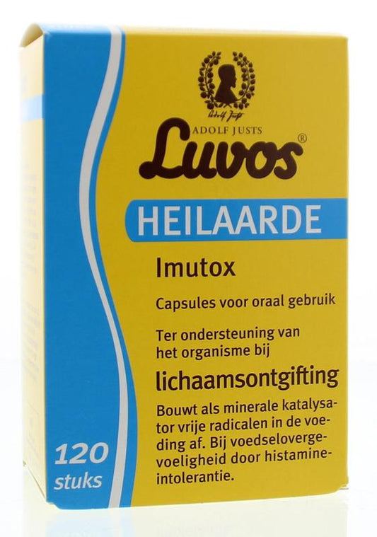 Luvos Heilaarde imutox capsules in a bottle, herbal supplement for liver support, with 120 capsules in the package.