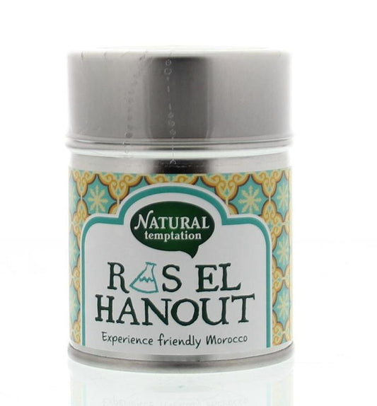 Natural Temptation Ras el Hanout organic spice blend in a 45g container, showcasing a colorful mix of herbs and spices.