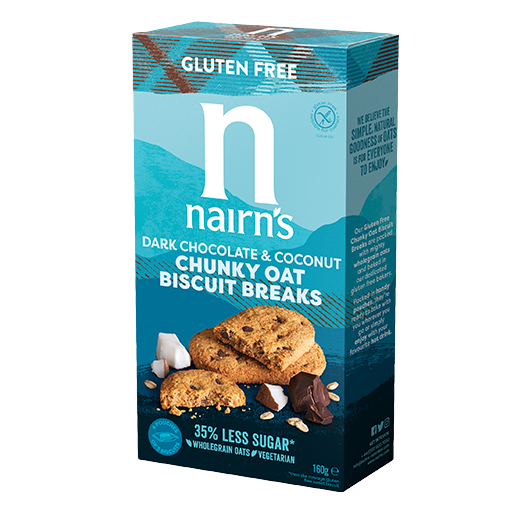 Nairns Biscuit Breaks with pure chocolate and coconut, 160g, breakfast cereal featuring chocolate and coconut pieces.