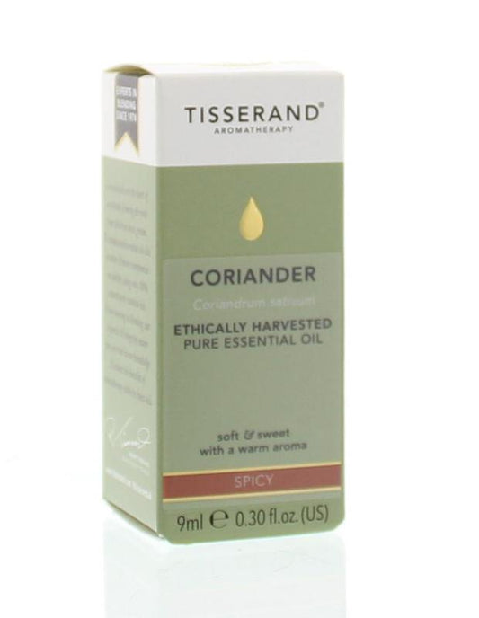 Tisserand Coriander essential oil in a 9ml glass bottle, ethically harvested, with a label showing the product details.