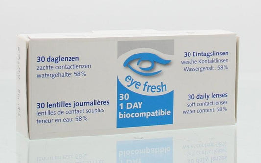 Eyefresh Daglenzen -4.00 contact lenses in a box, optiek brand, showing multiple lenses and packaging details.