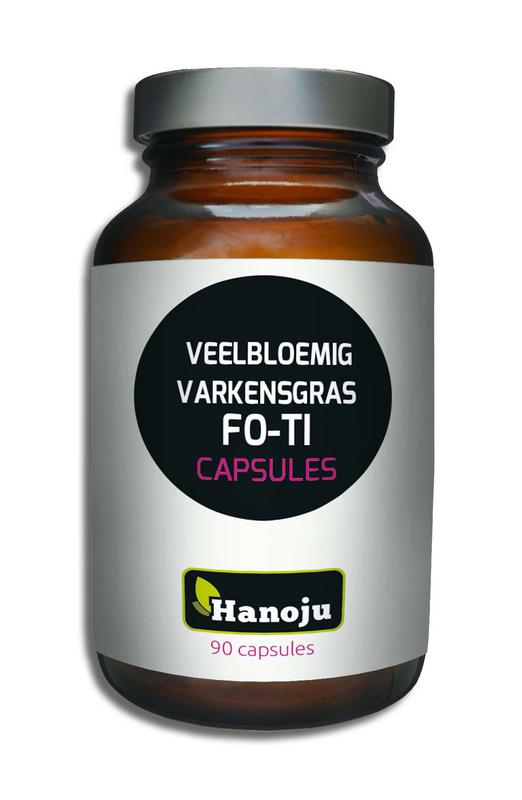 Hanoju Veelbloemig varkensgras fo-ti capsules, herbal supplement in a bottle, used for traditional herbal health remedies.