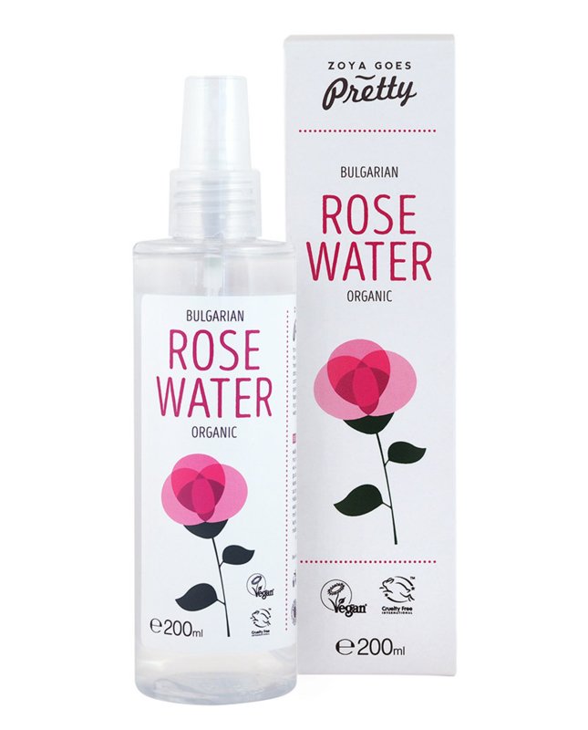 Zoya Goes Pretty Organic rose water in 200ml bottle, facial skincare product with floral rose aroma and natural moisturizing properties.