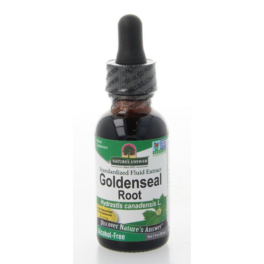 Natures Answer Canadese geelwortel extract alcoholvrij in 30ml bottle, herbal supplement with bright yellow turmeric roots and packaging