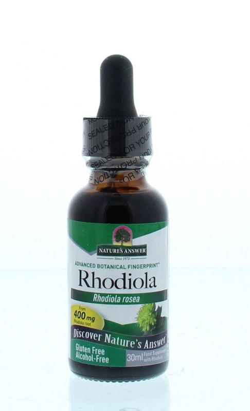 Natures Answer Rhodiola extract in a 30ml alcohol-free herbal supplement bottle with label details visible.