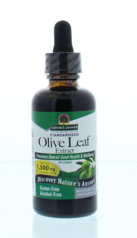 Natures Answer Olijfblad extract alcoholvrij in a 60ml bottle, herbal supplement for wellness, with a label showing product details.