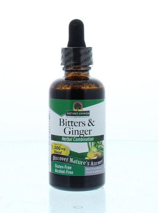 Natures Answer Gember en bitterstoffen kruidenpreparaat in 60ml alcoholvrije fles, herbal supplement with ginger and bitter herbs.