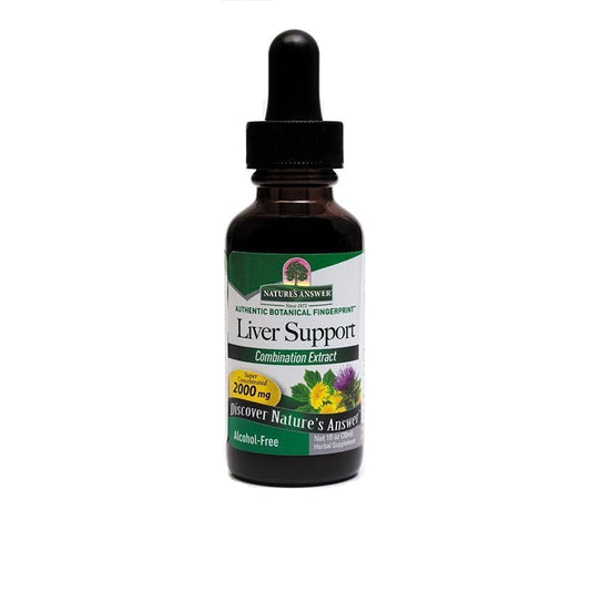 Bottle of Natures Answer Liver Support Leverdeto extract in a 30ml dark glass container, with label showing product details and branding.