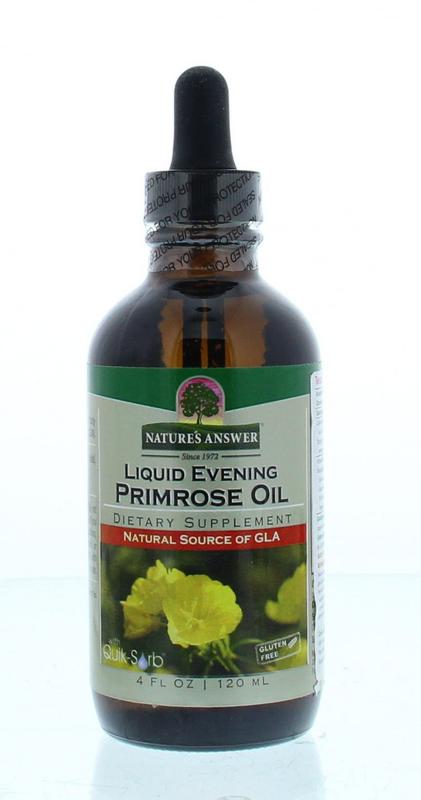 Natures Answer Vloeibaar Teunisbloemolie 10% GLA in 120ml bottle, showing the amber liquid inside a transparent container.