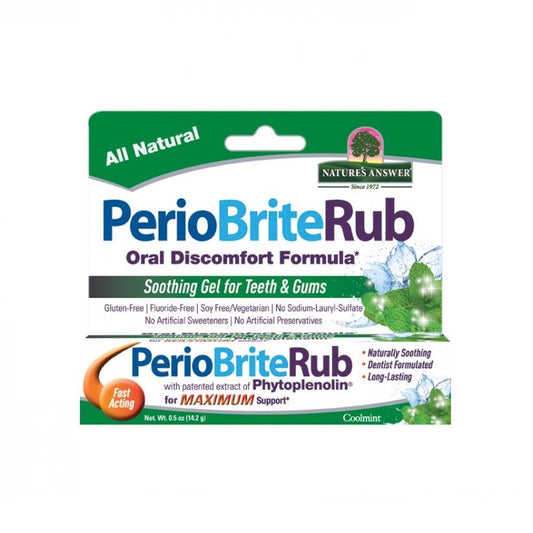Natures Answer PerioBrite Rub tandvleesgel with 22 kruiden and Q10, 14g, for oral hygiene and gum care, shown in the image.