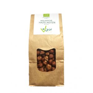 Vitiv organic hazelnuts with skin in a 250g package, raw superfood nuts with textured surface and natural brown color.