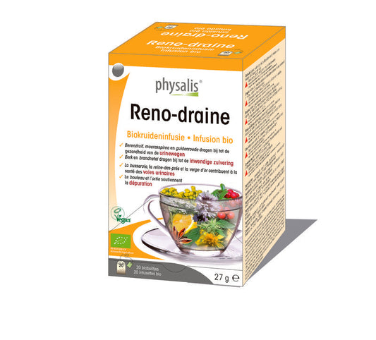 Physalis Reno-drain thee bio in 20 sachets, organic herbal tea with natural ingredients, shown in a close-up image.