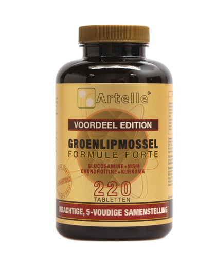 Artelle Groenlipmossel formule forte 220 tablets, mineral supplement in blister pack, featuring green-lipped mussel extract capsules.