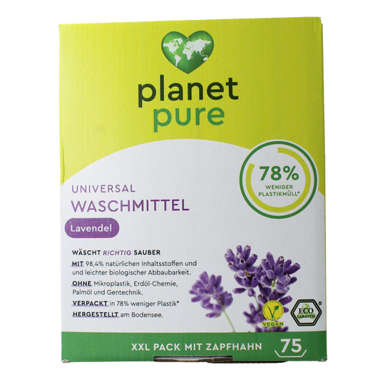 Planet Pure liquid universal laundry detergent with lavender scent in a 3-liter bottle, perfect for gentle and effective washing.