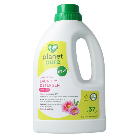Liquid universal laundry detergent by Planet Pure with wild rose scent, shown in a 1480ml bottle.