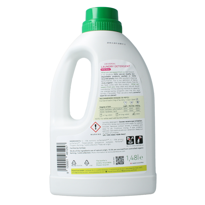 Planet Pure Wasmiddel vloeibaar universeel wild rose 1480 Milliliter