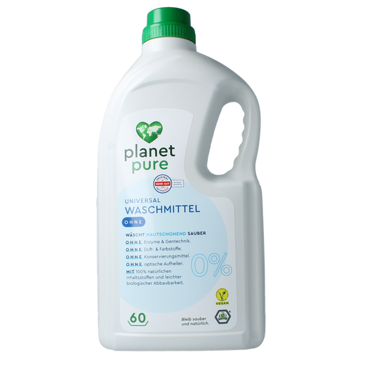 Planet Pure universeel vloeibaar wasmiddel 0% zero, 3-liter bottle, natural plant-based laundry detergent for all fabrics.