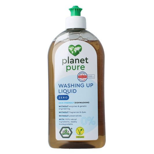 Planet Pure Afwasmiddel 0% zero dish soap in a 500ml bottle, natural cleaning product for hand washing dishes.