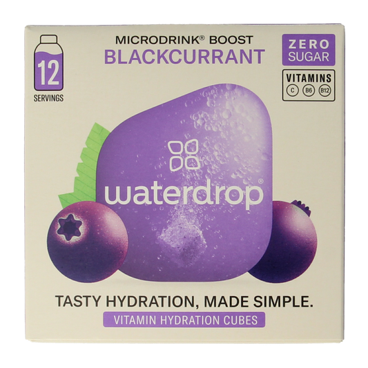Waterdrop Microdrink boost blackcurrant flavor in a blister pack of 12 effervescent tablet drink supplements.