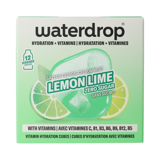 Waterdrop Microdrink Focus Lemon Lime effervescent tablets in a clear container, showing 12 lemon lime drink tablets.