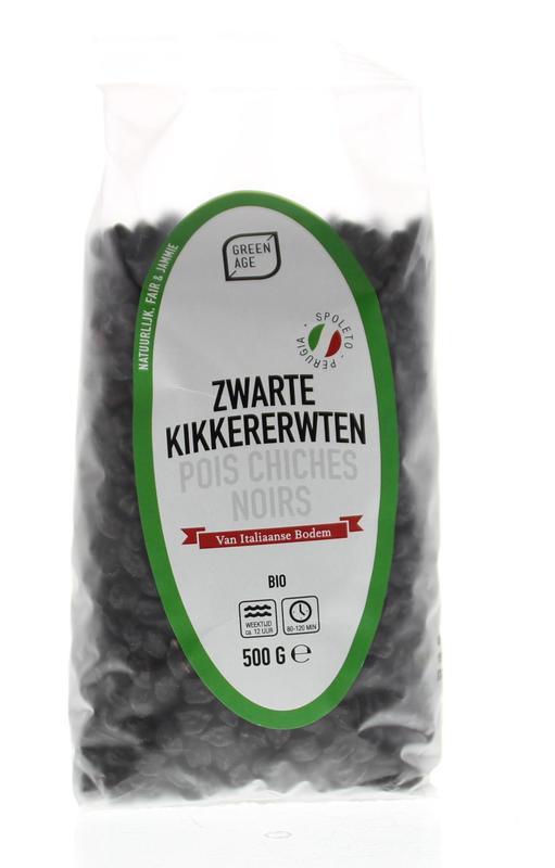 Greenage organic black chickpeas in 500g package, fresh and whole, suitable for cooking and healthy meals.