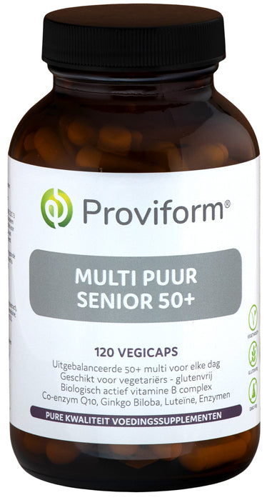 Proviform Multi puur senior 50+ vegetarian capsules, dietary supplement with multivitamins and minerals for seniors, shown in bottle image