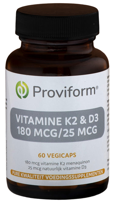 Proviform Vitamine K2 180mcg and D3 25mcg vegetarian capsules, dietary supplement for bone and cardiovascular health.