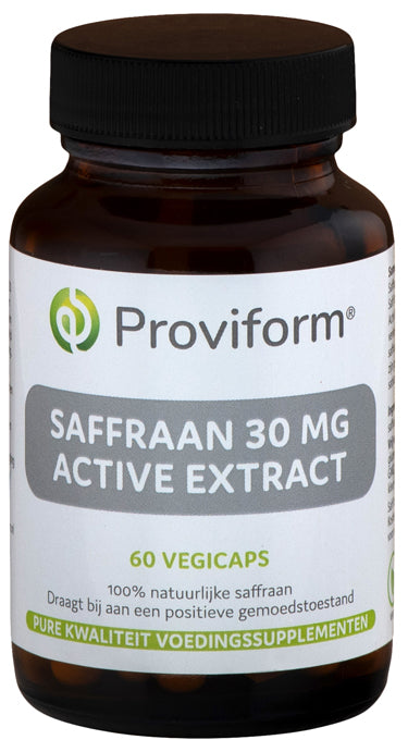 Proviform Saffraan 30 mg herbal capsules in a blister pack, vegetarian supplement for wellness and natural health support.
