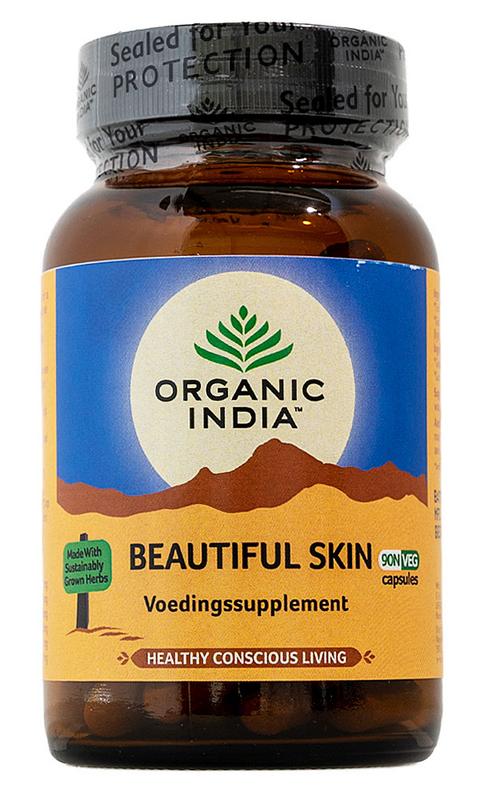 Organic India Beautiful Skin Ayurvedic capsules in a bottle, herbal supplement for skin health, 90 capsules.