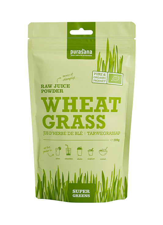 Purasana bio tarwegras sappoeder container with green wheatgrass powder for raw superfood nutrition, 200 grams.