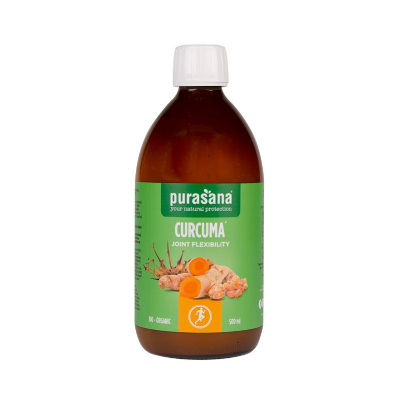 Purasana Curcuma boswelia and harpago herbal supplement in a 500ml bottle, supporting joint flexibility and herbal health.