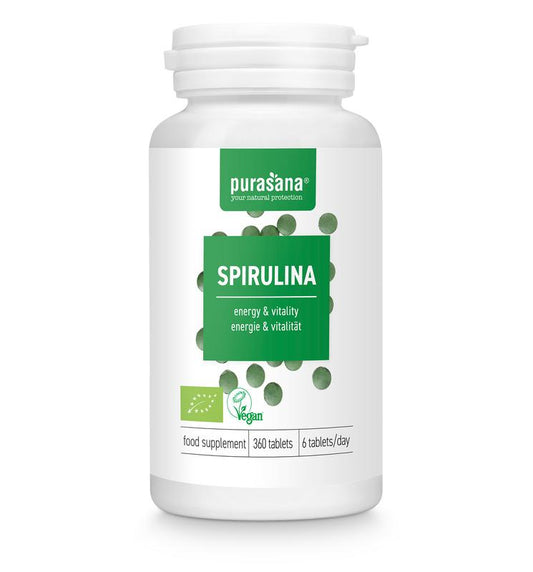 Purasana Spirulina vegan bio 360 tablets, organic herbal supplement in a bottle with tablets visible inside.