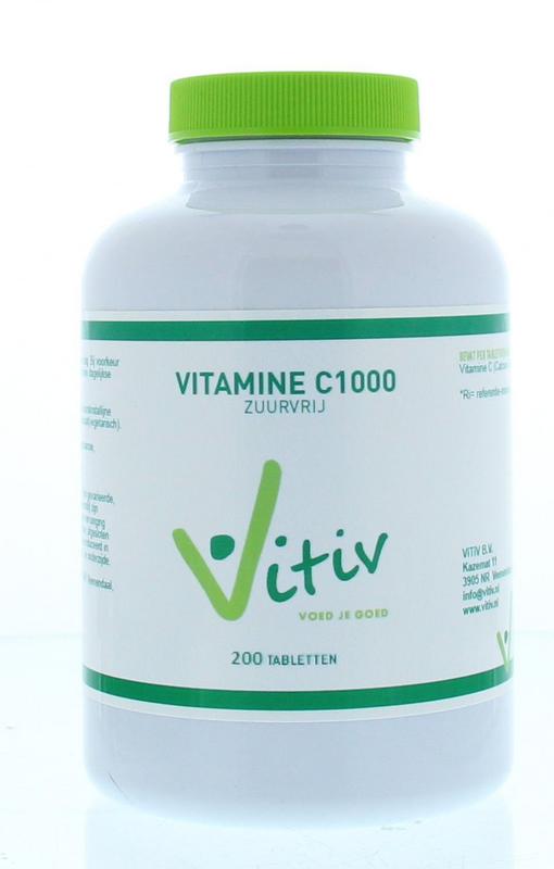 Vitiv Vitamine C1000 zuurvrij supplement with 200 tablets, natural vitamin C supplement by Vitiv shown in bottle.