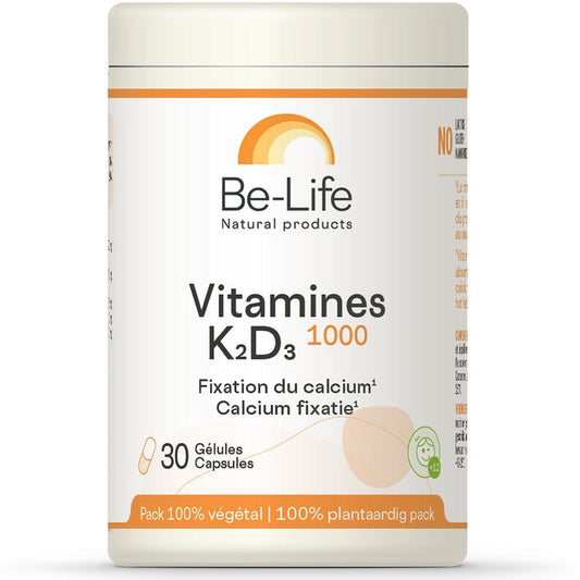 Be-Life Vitamin K2-D3 1000 capsules, multivitamin supplement with dark green bottle and white cap, close-up of the product label