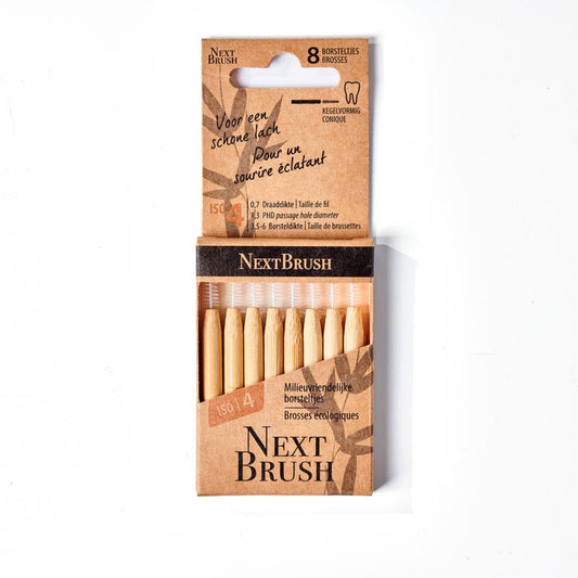 Nextbrush Bamboe interdentale ragers ISO 4 conisch, 8 stuk, tandenstokers en ragers made of bamboo for effective interdental cleaning.