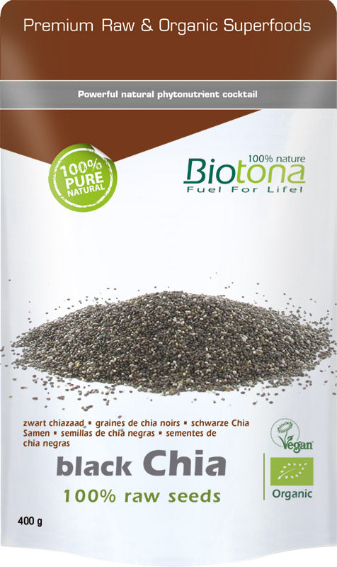 Biotona Black Chia Raw Seeds bio 400g, superfood in a clear plastic bag showing black chia seeds inside.