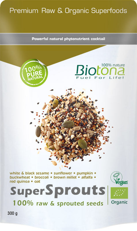 Biotona Supersprouts raw bio seeds in a 300g package, showcasing fresh sprouted seeds for superfood nutrition.