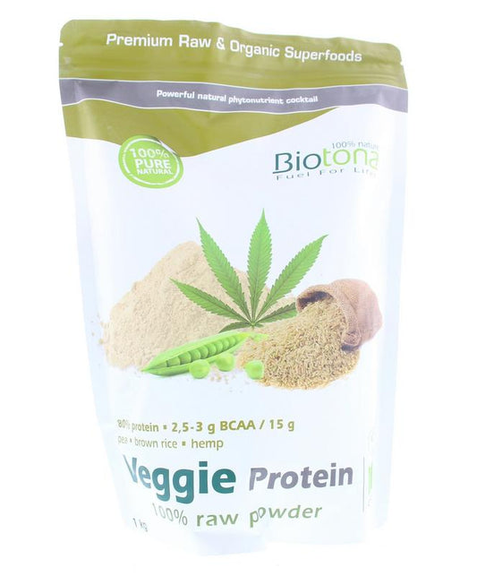 Biotona Veggie Protein Raw Bio superfoods in 1kg package, showing the natural raw vegan protein powder for health and nutrition.