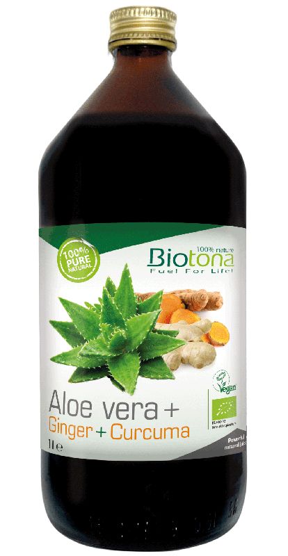 Biotona Aloe, ginger, and curcuma organic drink in a 1-liter bottle, featuring fresh ingredients and natural health benefits.
