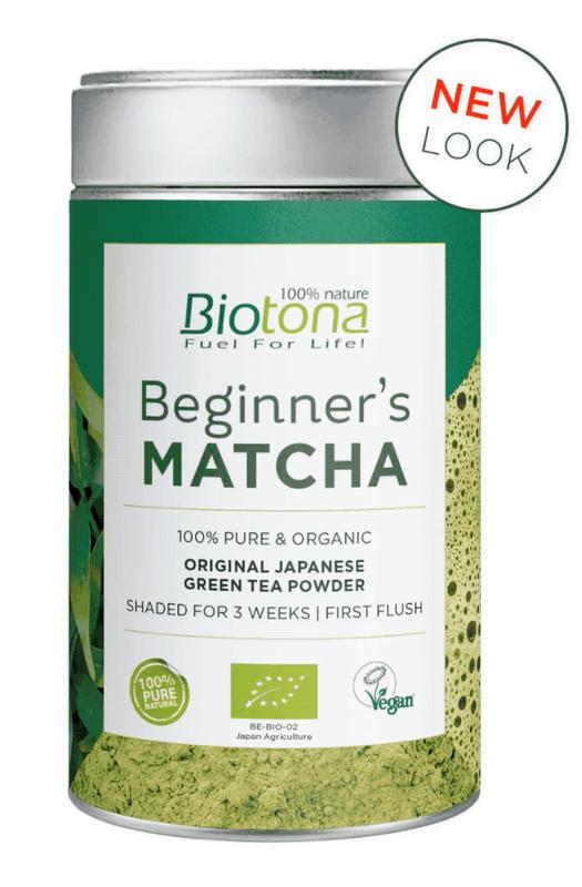 Biotona beginner's organic matcha tea in an 80g package, vibrant green powder for traditional Japanese tea preparation.