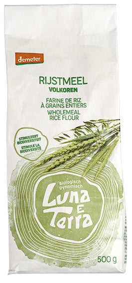 Whole grain organic rice flour from Luna E Terra, 500g, in a natural baking mix and flour product.