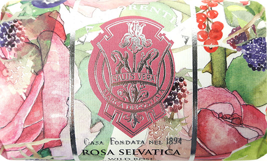 La Florentina wilde roos zeep bar, 200g, with floral design and natural rose scent, showcasing a smooth soap surface.