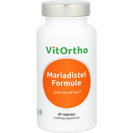 VitOrtho Mariadistel herbal capsules in a bottle, vegetarian supplement for liver health, shown with capsules and packaging.