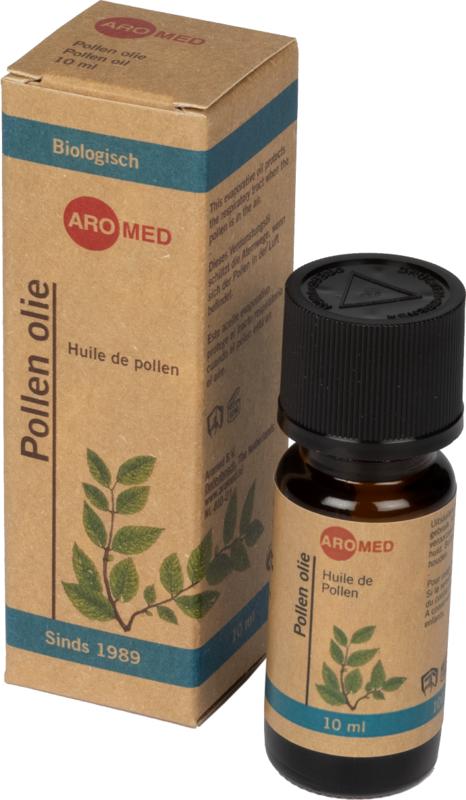 Aromed Bio Pollen Oil 10ml, pure essential oil in a clear glass bottle with a dropper for aromatherapy and natural wellness.