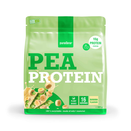 Purasana Plant Protein Erwt Banaan bio, 400g, featuring a jar of pea and banana-flavored plant-based amino acids supplement.