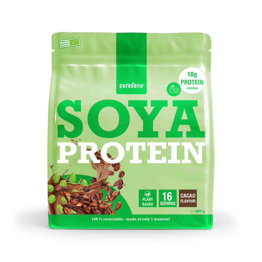 Purasana plant protein soja cacao bio bag with amino acids, 400 grams, showing the product packaging and label.