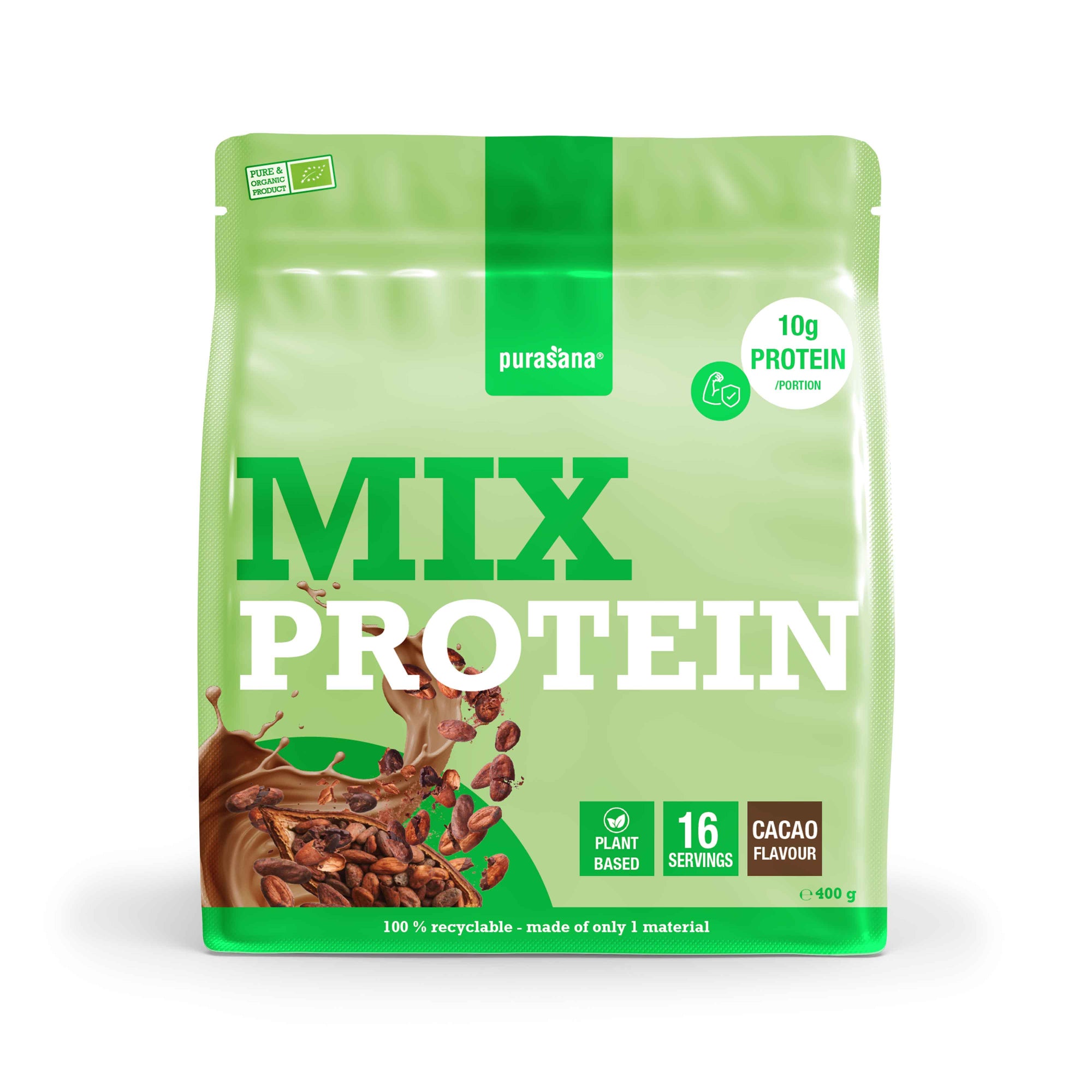 Purasana Plant Protein Mix Cacao Bio in 400g jar, featuring amino acids and natural cacao flavor, with fresh plant ingredients.