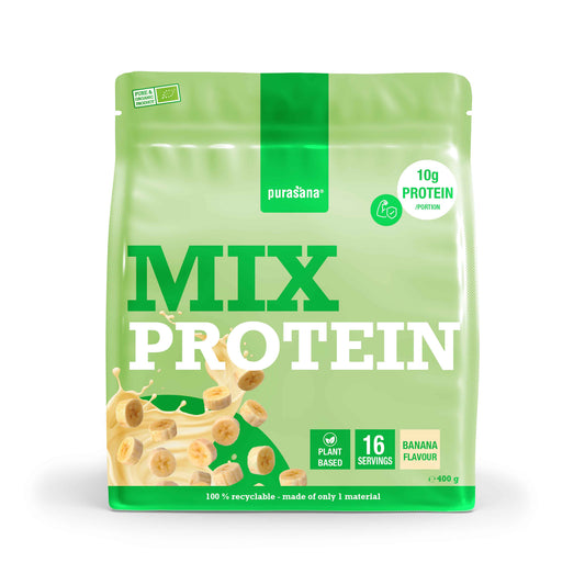 Purasana Plant Protein Mix Banana bio, amino acids supplement in a 400g package, natural vegan protein powder.