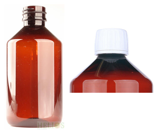 Amber PET medication bottles with white caps, 500ml, Helios Holland packaging material, set of nine.