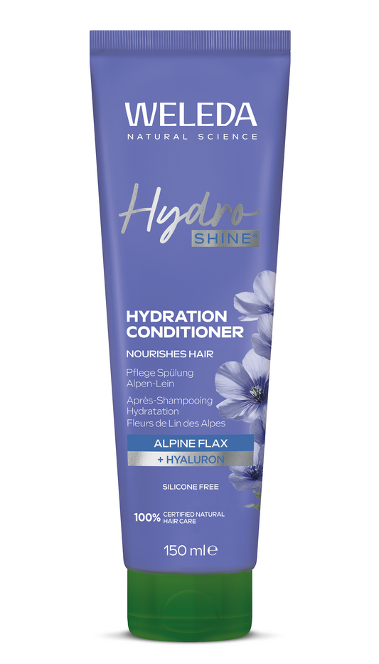Weleda Hydra Shine Conditioner bio 150ml bottle with a sleek design for nourishing and hydrating hair care.
